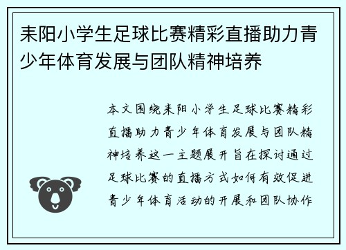 耒阳小学生足球比赛精彩直播助力青少年体育发展与团队精神培养